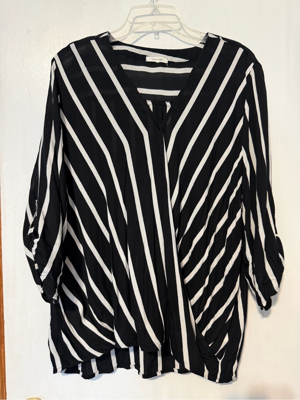 Women's Black and White Striped V-Neck Blouse, Size 1X